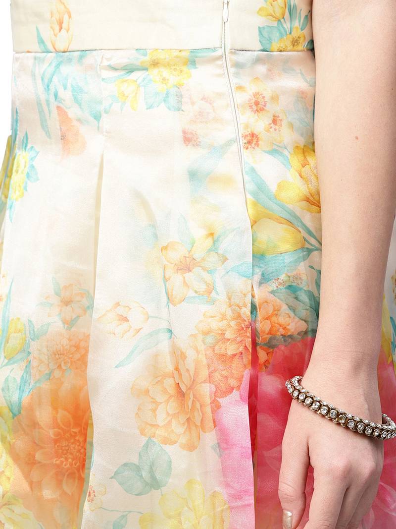 Inddus Green Brocade Self Design Unstitched Top And Off White Organza Printed Semi Stitched Skirt With Solid Net Dupatta