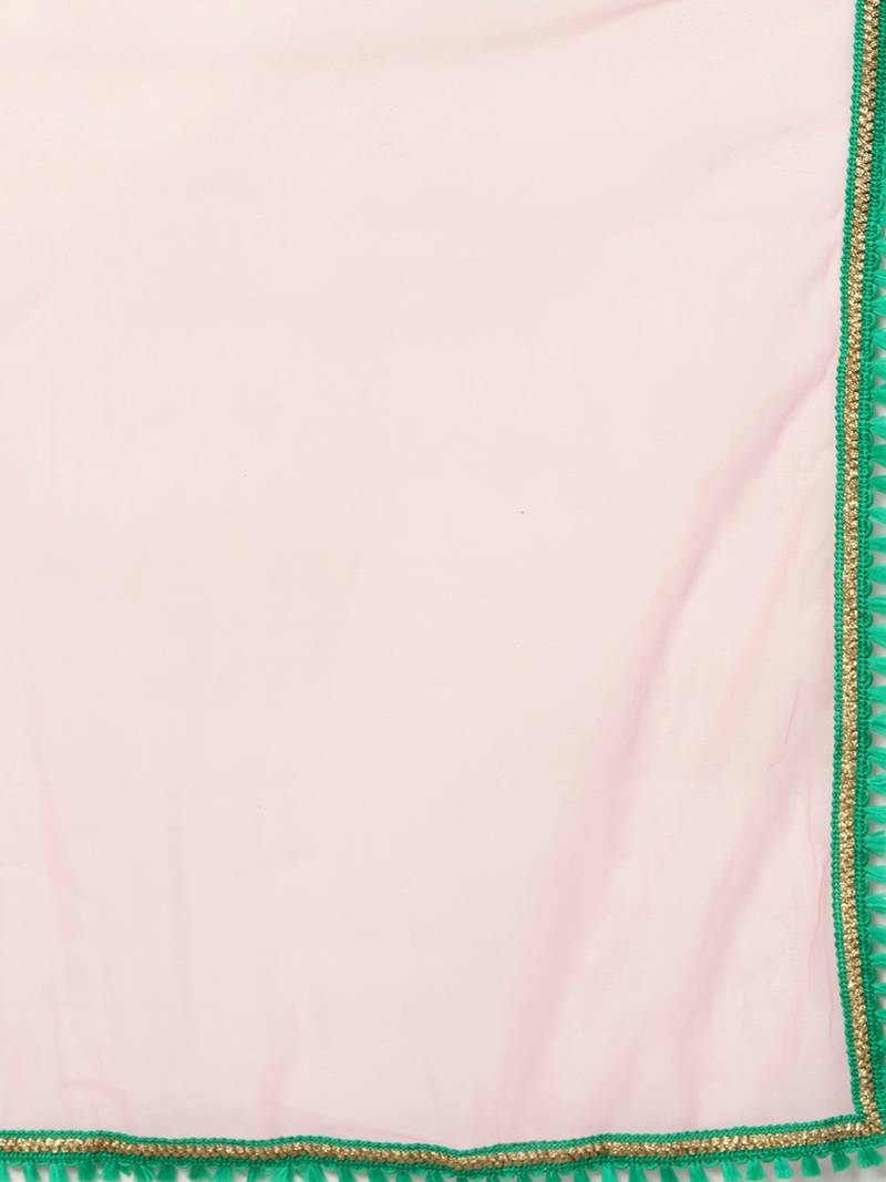 Inddus Green Brocade Self Design Unstitched Top And Off White Organza Printed Semi Stitched Skirt With Solid Net Dupatta