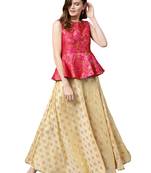 Inddus Pink Art Silk Woven Unstiched Top With Cream Art Silk Woven Semi Stitched Skirt