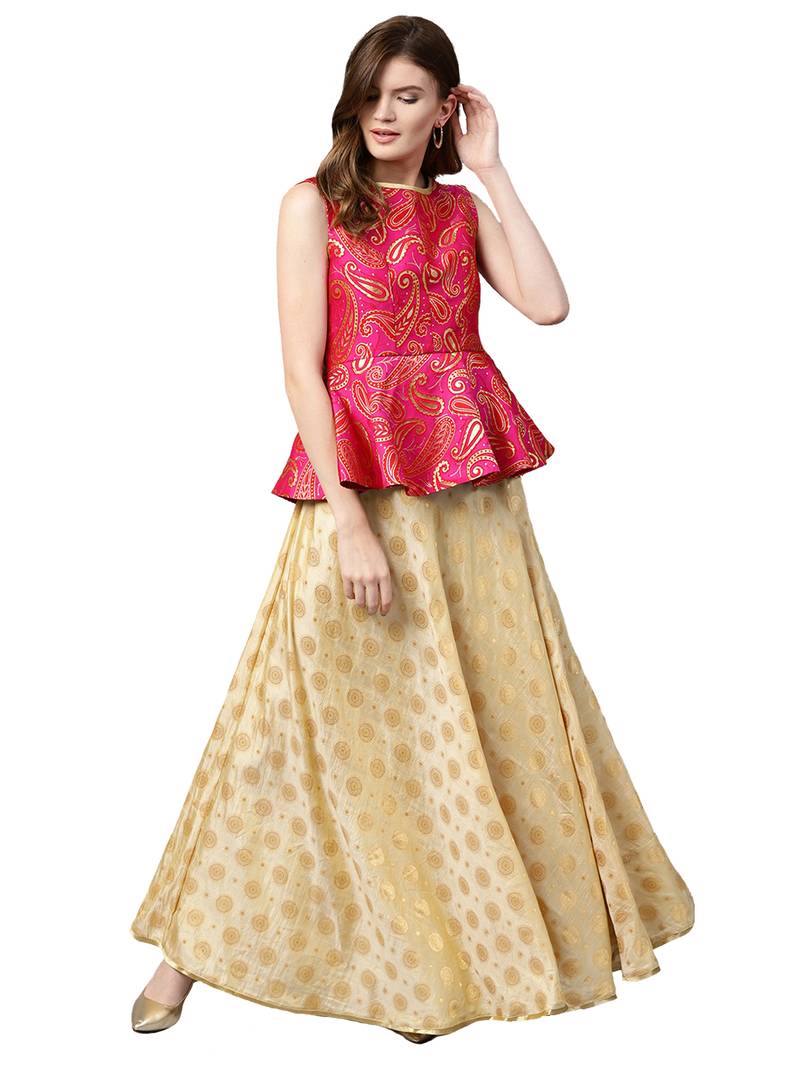 Inddus Pink Art Silk Woven Unstiched Top With Cream Art Silk Woven Semi Stitched Skirt