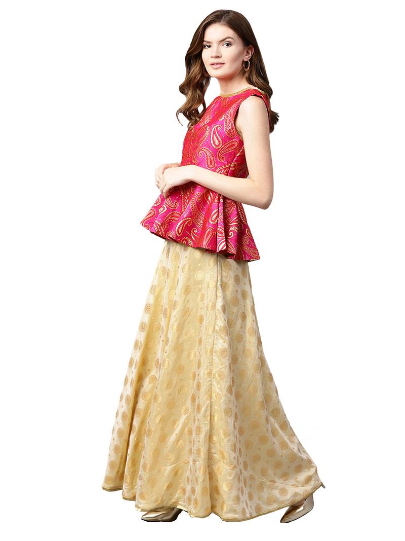 Inddus Pink Art Silk Woven Unstiched Top With Cream Art Silk Woven Semi Stitched Skirt