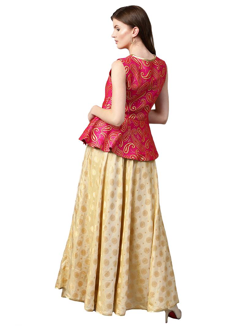 Inddus Pink Art Silk Woven Unstiched Top With Cream Art Silk Woven Semi Stitched Skirt