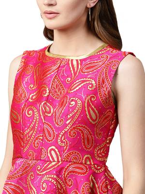 Inddus Pink Art Silk Woven Unstiched Top With Cream Art Silk Woven Semi Stitched Skirt 4