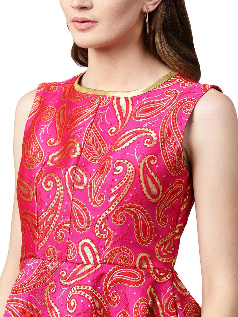Inddus Pink Art Silk Woven Unstiched Top With Cream Art Silk Woven Semi Stitched Skirt