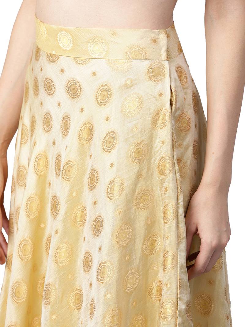 Inddus Pink Art Silk Woven Unstiched Top With Cream Art Silk Woven Semi Stitched Skirt