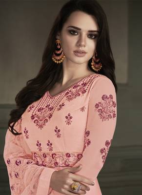 Pink embroidered georgette semi stitched salwar with dupatta 3