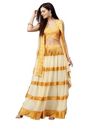 Inddus Mustard Chiffon  Printed Unstitched Top And Mustard & Cream Chiffon Semi Stitched Skirt With Chiffon Jacket 1