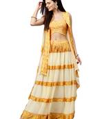 Inddus Mustard Chiffon  Printed Unstitched Top And Mustard & Cream Chiffon Semi Stitched Skirt With Chiffon Jacket