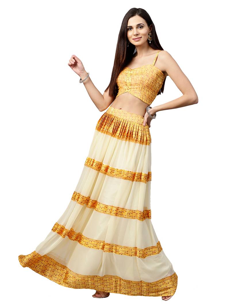 Inddus Mustard Chiffon  Printed Unstitched Top And Mustard & Cream Chiffon Semi Stitched Skirt With Chiffon Jacket