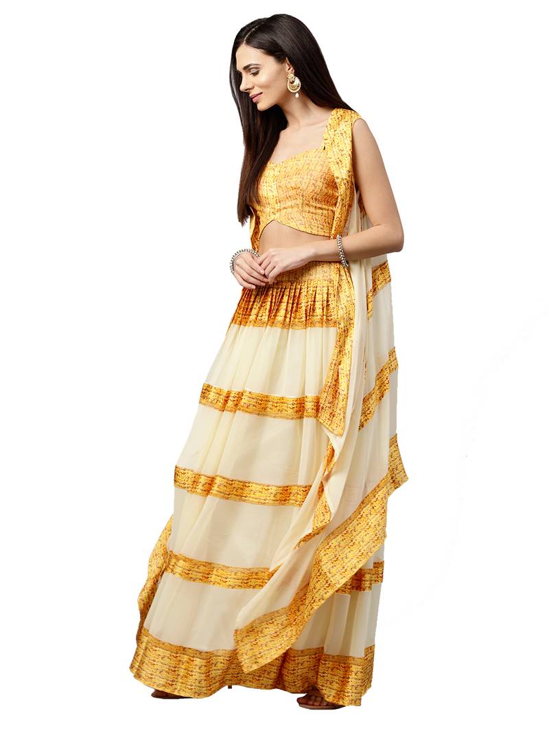 Inddus Mustard Chiffon  Printed Unstitched Top And Mustard & Cream Chiffon Semi Stitched Skirt With Chiffon Jacket