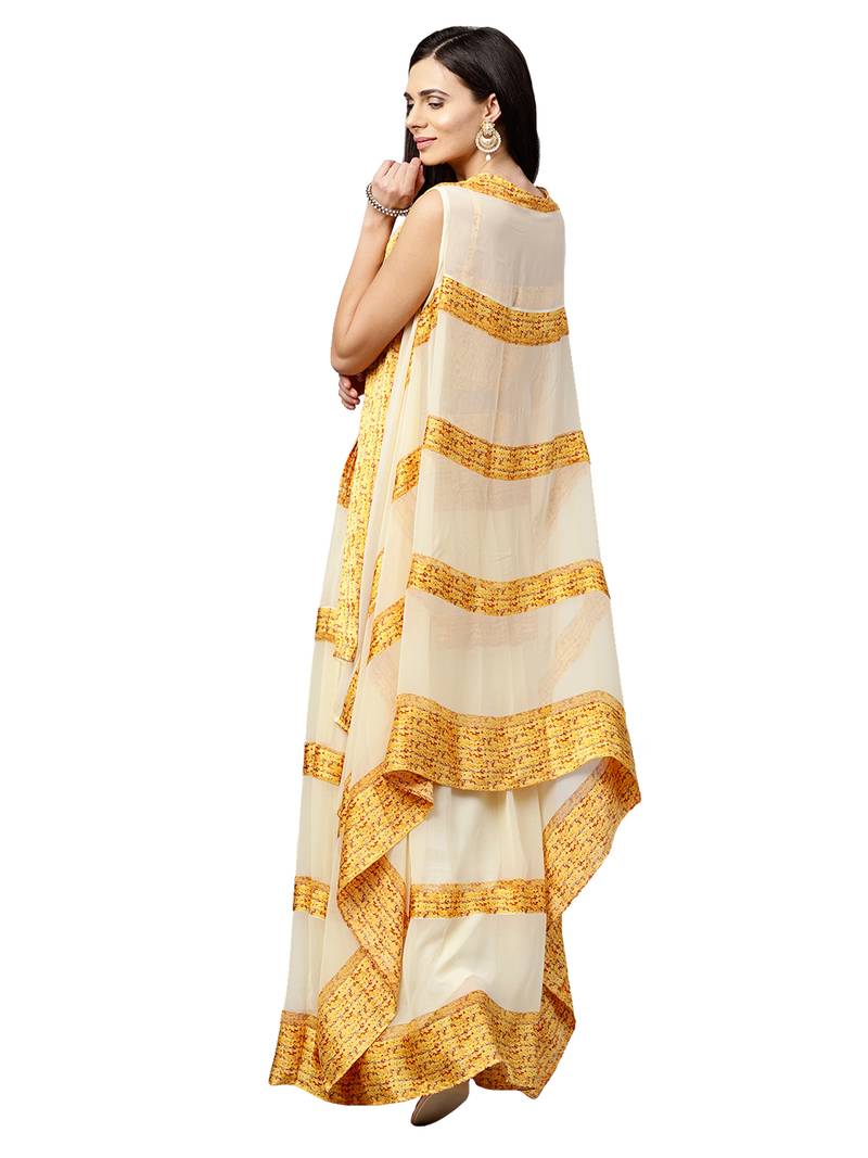 Inddus Mustard Chiffon  Printed Unstitched Top And Mustard & Cream Chiffon Semi Stitched Skirt With Chiffon Jacket