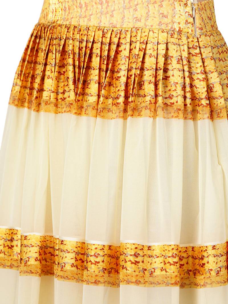 Inddus Mustard Chiffon  Printed Unstitched Top And Mustard & Cream Chiffon Semi Stitched Skirt With Chiffon Jacket