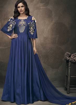 Royal blue embroidered silk stitched salwar with dupatta 1