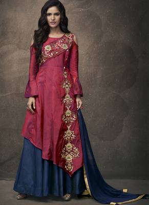 Red Embroidered Silk Blend Stitched Salwar With Dupatta 1
