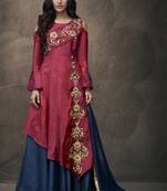 Red Embroidered Silk Blend Stitched Salwar With Dupatta