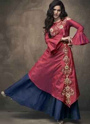 Red Embroidered Silk Blend Stitched Salwar With Dupatta 3