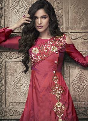 Red Embroidered Silk Blend Stitched Salwar With Dupatta 4