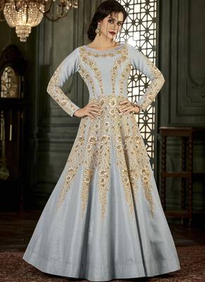 Grey embroidered silk blend semi stitched salwar with dupatta 1