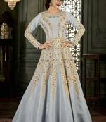 Grey embroidered silk blend semi stitched salwar with dupatta