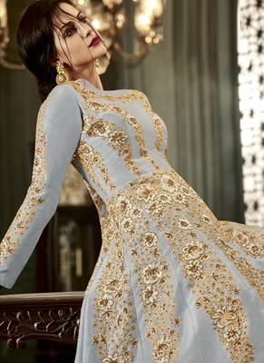 Grey embroidered silk blend semi stitched salwar with dupatta 2