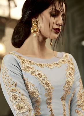 Grey embroidered silk blend semi stitched salwar with dupatta 4