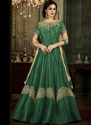 Green embroidered silk blend semi stitched salwar with dupatta 1