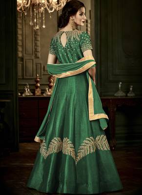 Green embroidered silk blend semi stitched salwar with dupatta 2
