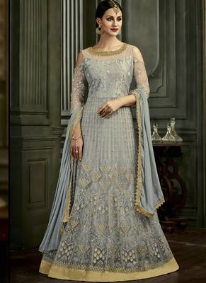 Grey Embroidered Silk Blend Semi Stitched Salwar With Dupatta 1
