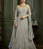Grey Embroidered Silk Blend Semi Stitched Salwar With Dupatta