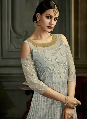 Grey Embroidered Silk Blend Semi Stitched Salwar With Dupatta 2