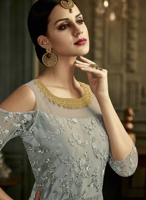 Grey Embroidered Silk Blend Semi Stitched Salwar With Dupatta 3