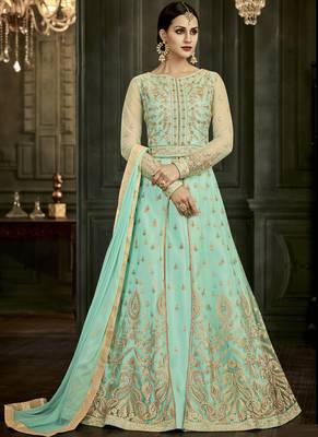Lime embroidered silk blend semi stitched salwar with dupatta 1