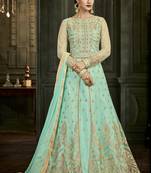 Lime embroidered silk blend semi stitched salwar with dupatta