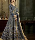 Navy blue embroidered silk blend semi stitched salwar with dupatta