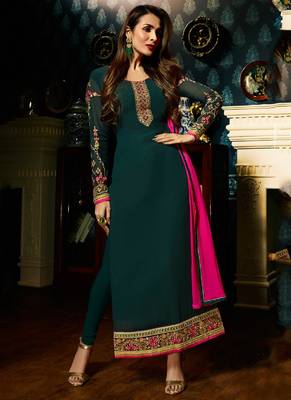 Green Partywear Jacket Style Chain stitch Work Anarkali Suit 2