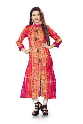 Pink printed cotton silk long kurti 1