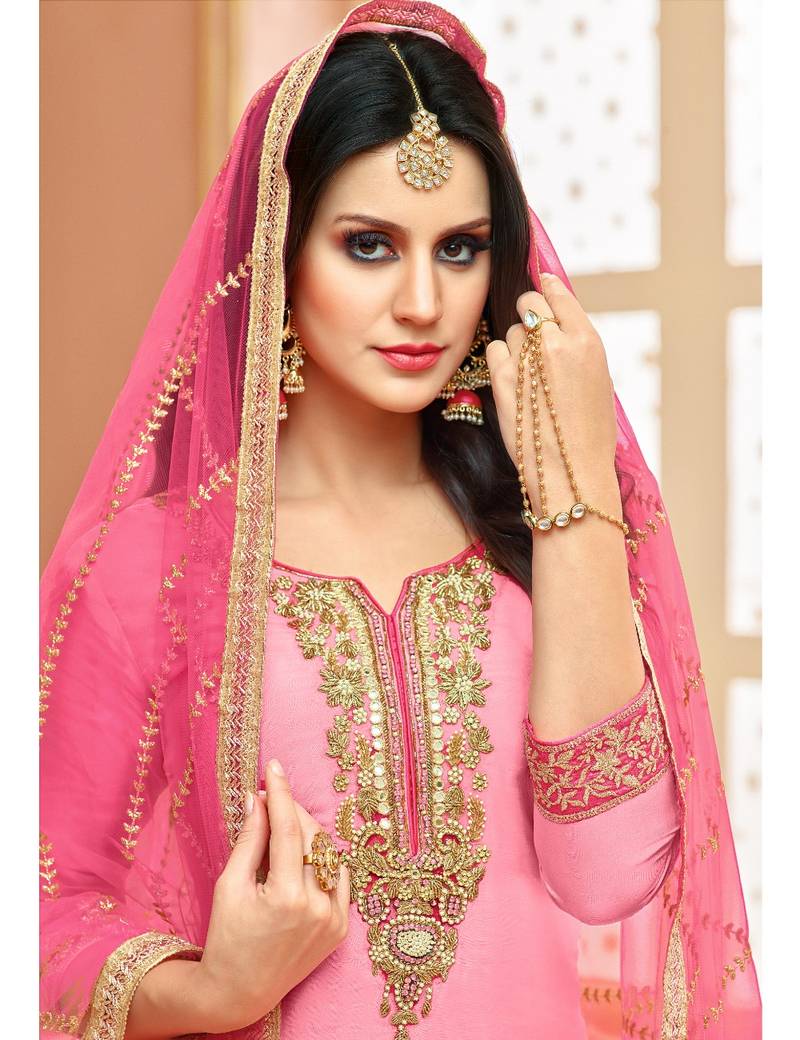 Baby Pink Rani Pink Uppada Silk Heavy Embroidered Women's Semi