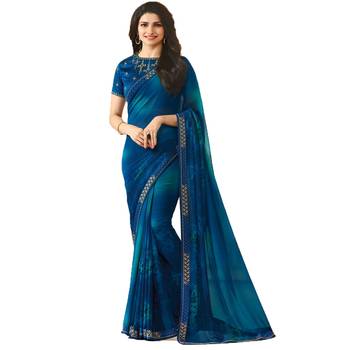 Blue printed georgette saree with blouse 1