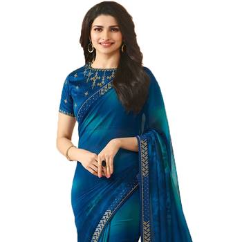 Blue printed georgette saree with blouse 2
