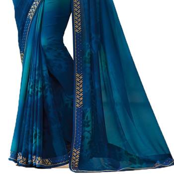 Blue printed georgette saree with blouse 3