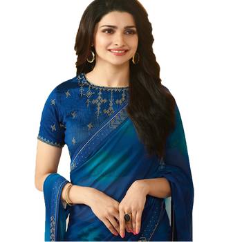Blue printed georgette saree with blouse 4
