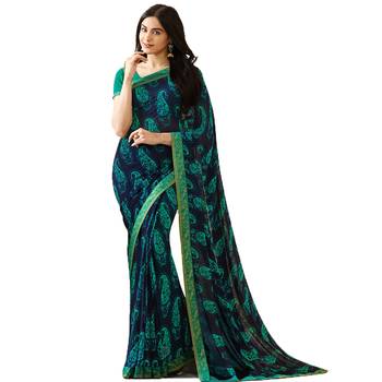 Blue printed georgette saree with blouse 1