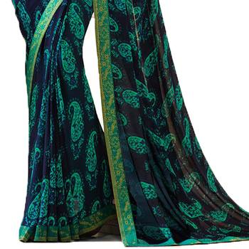 Blue printed georgette saree with blouse 3