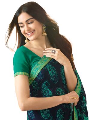 Blue printed georgette saree with blouse 4