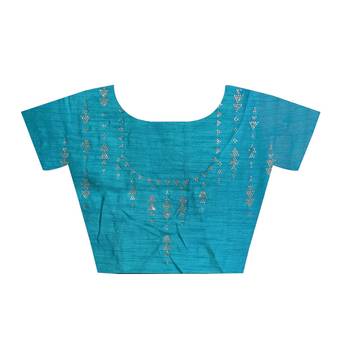Turquoise art silk saree with blouse 5