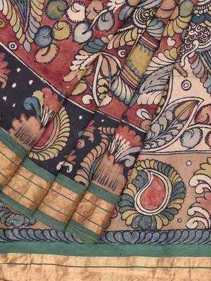 Cream Kalamkari Hand Painted Silk Handloom Saree with All Over Peacocks Pallu Design with Blouse 1