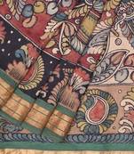 Cream Kalamkari Hand Painted Silk Handloom Saree with All Over Peacocks Pallu Design with Blouse