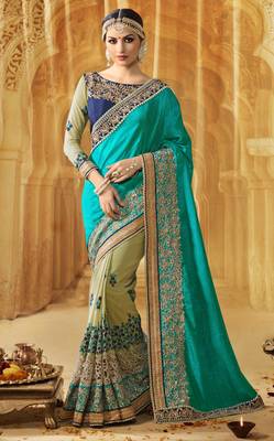 Turquoise embroidered georgette saree with blouse 1