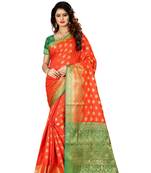 Red woven cotton poly saree with blouse