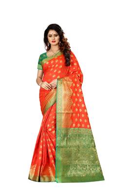 Red woven cotton poly saree with blouse 2